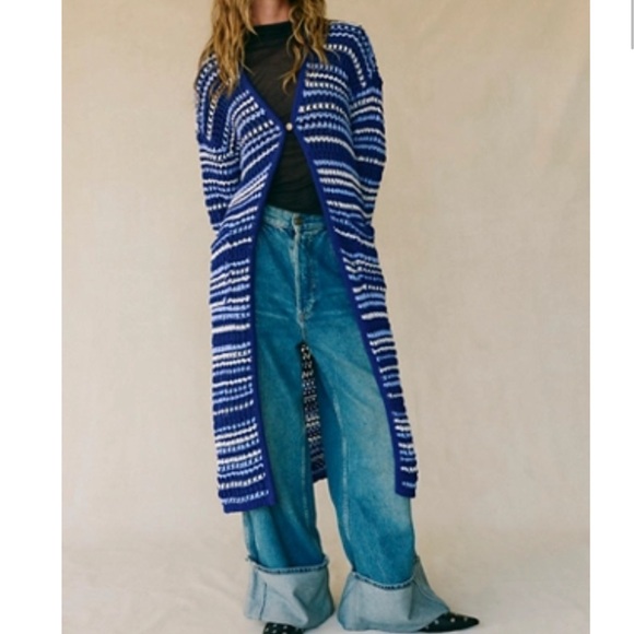 NWT Free People 💙 🤍 Colette Small Sweater Cardigan Navy Blue White $98 Pockets - Picture 5 of 7